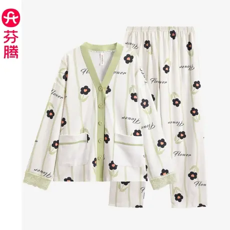 芬腾睡衣女春秋纯棉长袖V领开衫休闲宽松大码全棉少女家居服套装商品大图