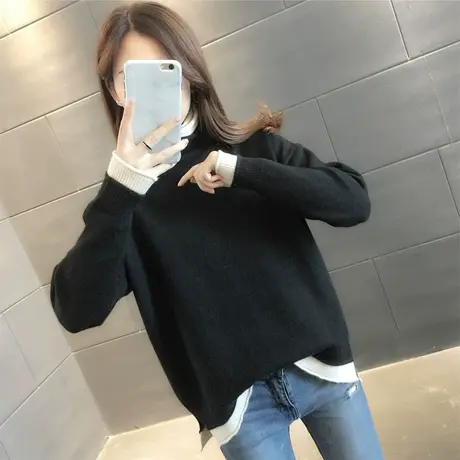 假两件拼接高领打底毛衣女2023秋冬新款女装韩版宽松针织打底上衣商品大图