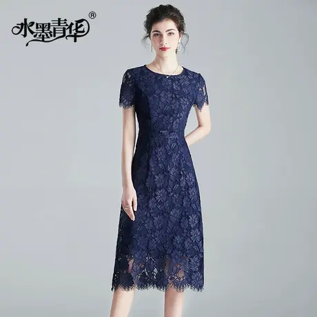 【1件7.9折】夏装新品睫毛蕾丝裙气质优雅收腰短袖A字连衣裙商品大图