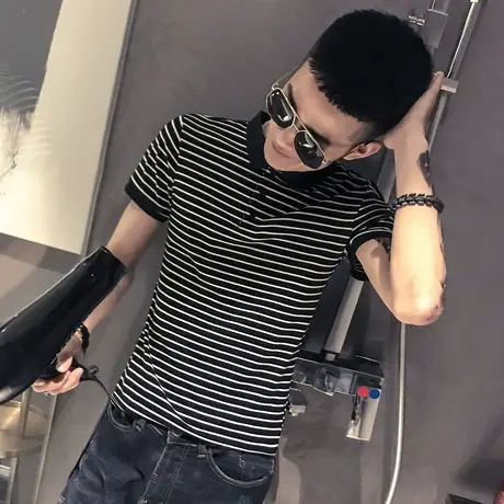潮男新款条纹翻领短袖T恤2023新款夏潮流修身社会小伙POLO衫潮牌商品大图