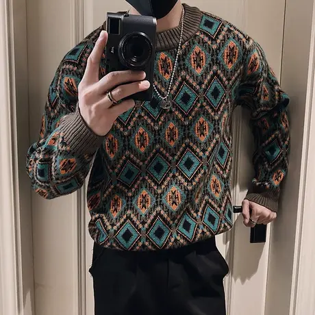 冬季2023新款花色民族风菱格提花毛衣男重磅加厚宽松套头内搭线衣商品大图