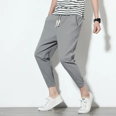 裤子男韩版潮流修身港风2018夏季棉麻小脚裤亚麻休闲商品大图