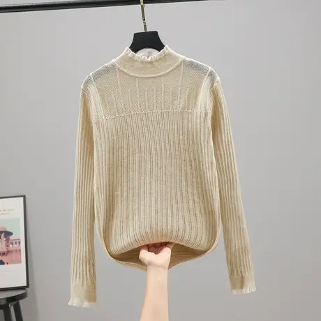 2023春秋新款韩版宽松半高领蕾丝镂空针织衫套头毛衣女纯色打底衫商品大图