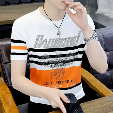 潮牌欧美风个性烫钻t恤男夏季2022新款潮流痞帅冰丝凉感条纹短袖商品大图