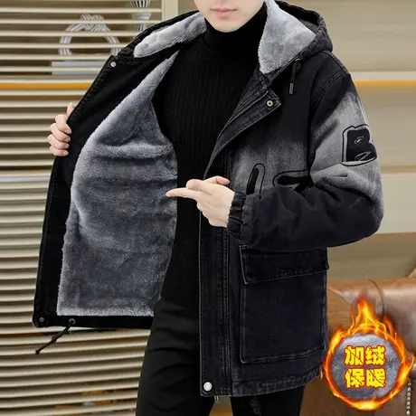 冬季牛仔夹克外套男士加绒加厚宽松潮牌连帽棉衣中长款保暖派克服图片