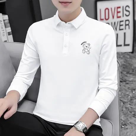 珠地棉白色polo衫男长袖带领翻领t恤商务小熊打底衫保罗潮流秋衣商品大图