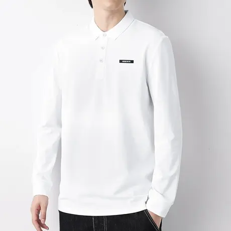 丝光珠地棉翻领白色polo衫男士长袖t恤带领打底衫保罗有领上衣服图片