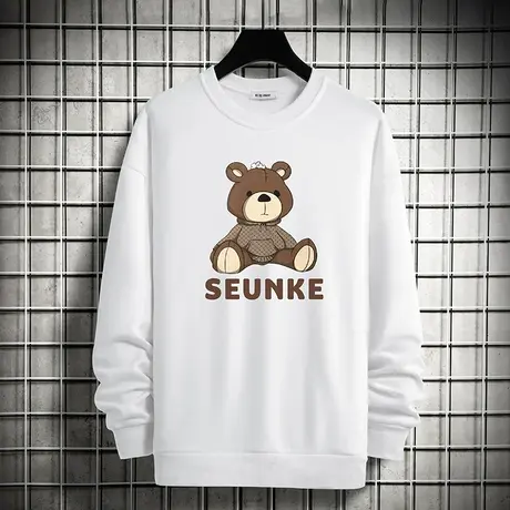 2023新款小熊卫衣男士春秋款宽松潮流无帽上衣服加绒白色圆领长袖图片