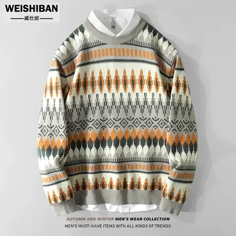 美式休闲复古提花毛衣2022年冬季新款圆领男士宽松针织衫痞帅毛衫商品大图