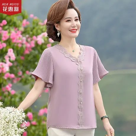 中年妈妈夏装短袖洋气上衣新款中老年人女夏季雪纺衫T恤小衫套装商品大图
