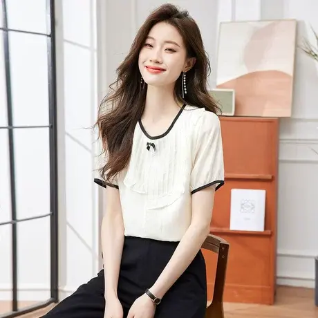 时尚气质圆领天丝短袖衬衫2023年夏季新款淑女温柔显瘦通勤上衣商品大图