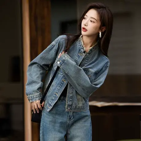 时尚气质休闲牛仔外套女士2023年秋季新款百搭温柔蕾丝显瘦短外套商品大图