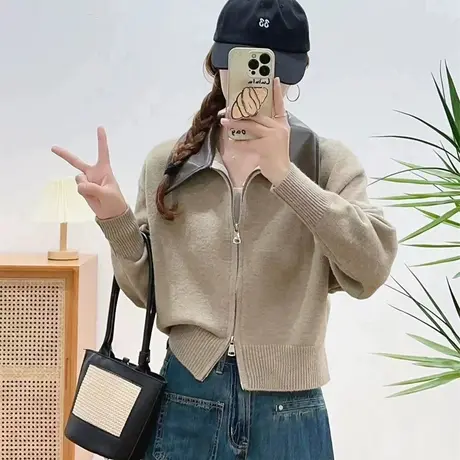 设计感拼接皮领双拉链针织衫毛衣女2023秋冬新款软糯别致复古上衣图片