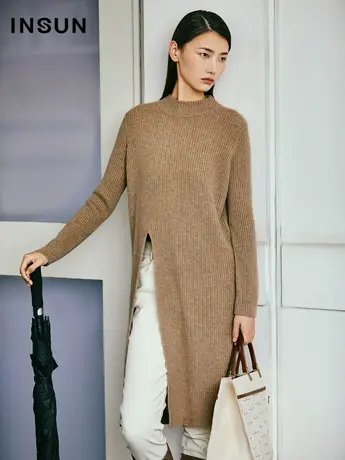 INSUN恩裳冬季直筒开叉中长款羊毛针织衫商品大图