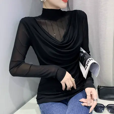 半高领打底衫女内搭春秋2024新款性感网纱T恤长袖设计感烫钻上衣商品大图