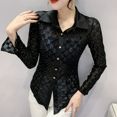 欧货性感网纱衬衫女春秋2024新款重工闪亮烫钻上衣别致POLO领小衫图片