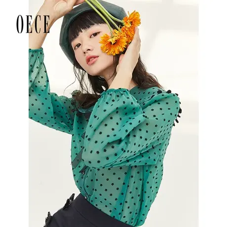 oece复古设计感波点衬衣绿色上衣娃娃领长袖碎花衬衫商品大图
