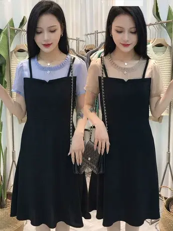 洋气减龄假两件连衣裙女2023夏季收腰显瘦气质拼接修身中长款裙子图片