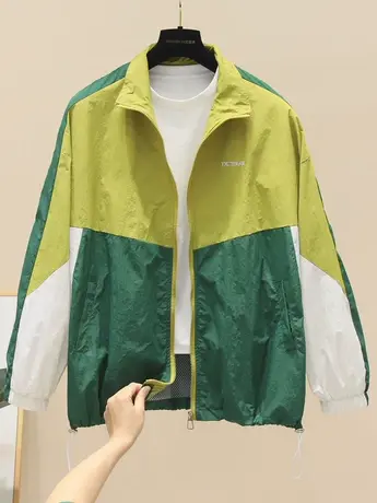 设计感撞色拼接冲锋衣外套女2023春夏百搭中长款拉链开衫防晒服潮商品大图