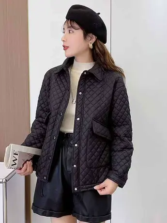 翻领小香风夹克菱形格外套女薄款小棉衣2023秋冬季新款爆款棉服潮图片