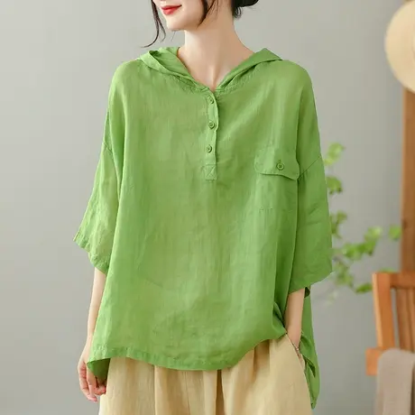 dza连帽苎麻短袖T恤女2023夏季薄款打底体恤宽松显瘦外搭套头上衣商品大图