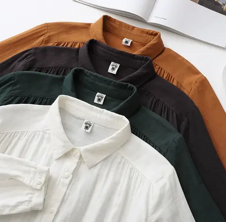 简约秋装文艺基本款打底衬衣翻领宽松型百搭纯棉双层纱衬衫女长袖商品大图