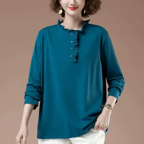 长袖t恤女春季加肥加大码女装宽松中年妈妈纯棉遮肚子显瘦打底衫商品大图