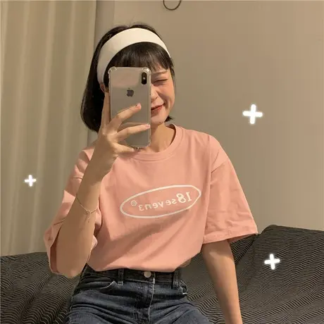 红续纯棉短袖圆领T恤女2020新款韩版宽松bf原宿风字母上衣ins学生商品大图