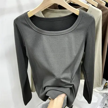 简约圆领褶皱T恤女长袖2023年早秋新款休闲软糯上衣宽松弹力体恤商品大图