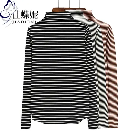 冬季新款韩版半高领纯棉修身条纹燕尾摆长袖体恤上衣内搭女打底衫图片