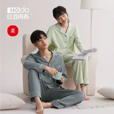 红豆情侣睡衣纯棉舒适薄款2023年新款春夏可外穿男女士家居服套装商品大图