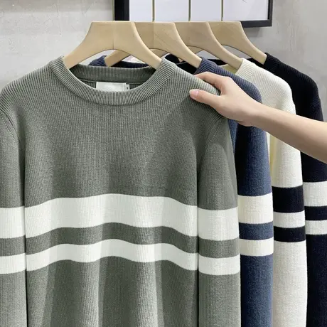 2023秋冬新品男士撞色条纹圆领针织衫日系潮牌毛衣宽松打底线衣潮商品大图