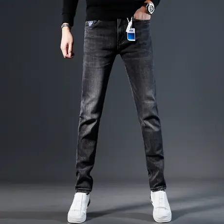 高端牛仔裤男秋冬款2023新款灰色潮流百搭男士修身小脚弹力裤子男商品大图