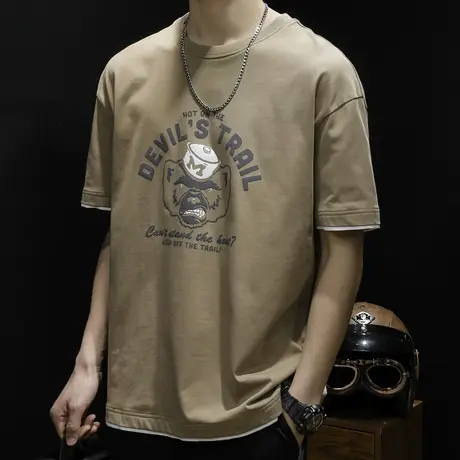 重磅假两件短袖t恤男夏季宽松胖子大码加肥加大半袖纯棉男士体恤商品大图