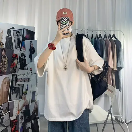 夏季白t男潮流纯棉纯白百搭宽松体恤打底五分袖短袖T恤男半截上衣商品大图