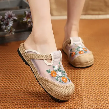 网纱包头半拖鞋女外穿夏季民族风汉服古风绣花凉拖2024年新款布鞋商品大图