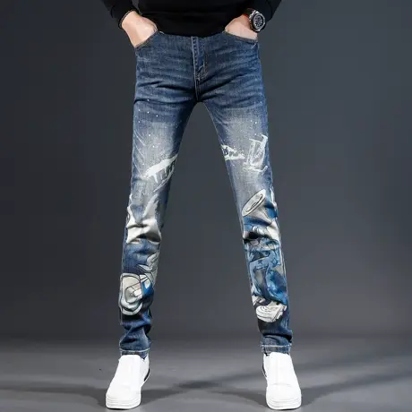 欧美潮牌印花牛仔裤男款修身小脚秋冬款2023新款潮流弹力男士裤子图片
