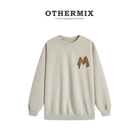 othermix 秋冬新款加绒复古字母套头卫衣女宽松百搭字母刺绣外套图片