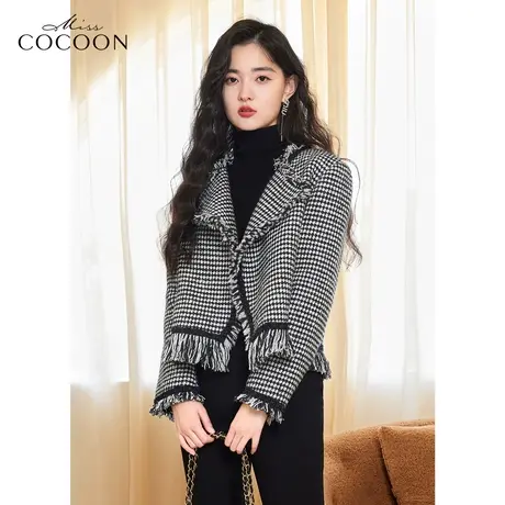 missCOCOON高级感千鸟格毛呢外套女2023新款秋冬气质小香风短外套图片