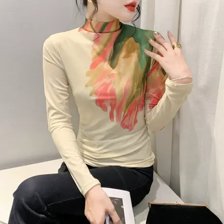 秋冬2024新款T恤女复古网纱定位印花时尚洋气上衣内塔修身打底衫图片