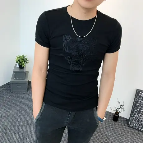 夏装男修身短袖T恤圆领绣花社会人时尚小伙刺绣老虎头紧身半袖潮商品大图