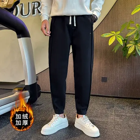 加绒卫裤冬季纯色潮牌冬装束脚男裤宽松哈伦裤潮牌加厚运动休闲裤商品大图