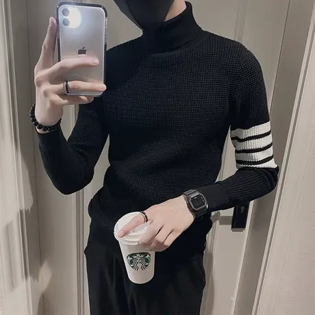 冬季男针织衫打底衫高领四条杠条纹修身套头潮流百搭潮牌加厚毛衣商品大图