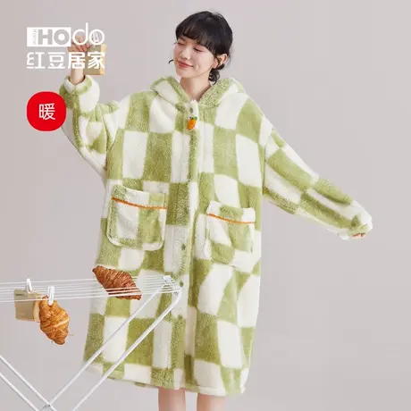 红豆绒女士睡袍牛油果色可爱珊瑚绒加厚保暖秋冬连帽居家长款浴袍商品大图