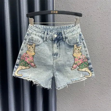 欧货重工毛边牛仔短裤女24春夏新款个性刺绣设计感时尚阔腿裤热裤图片