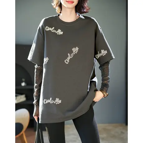 宝诗黎网纱亮丝拼接钉珠长袖T恤2024春季新款假两件休闲棉质上衣图片