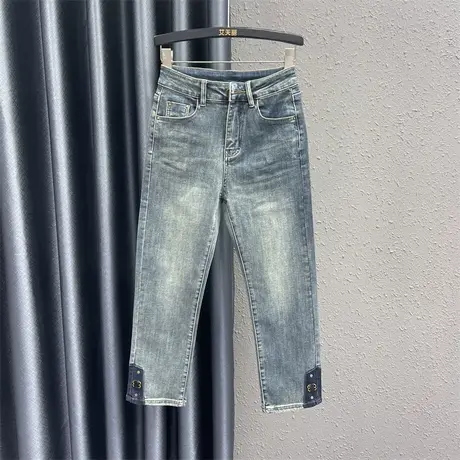 复古做旧撞色裤脚牛仔直筒裤女2024春季新款高腰显瘦九分烟管裤潮图片