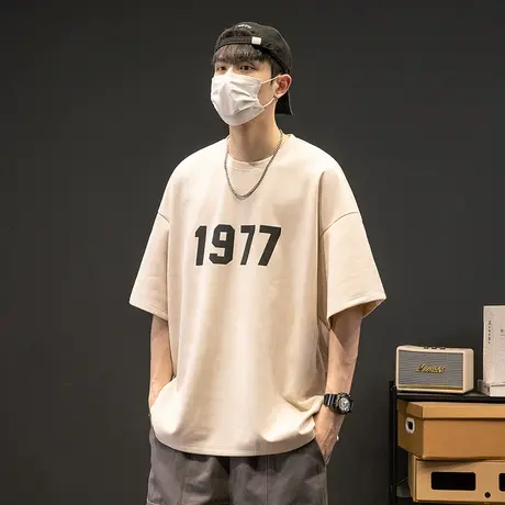 潮流1977数字发泡印花短袖T恤男2023夏季新款宽松潮牌情侣装体恤图片