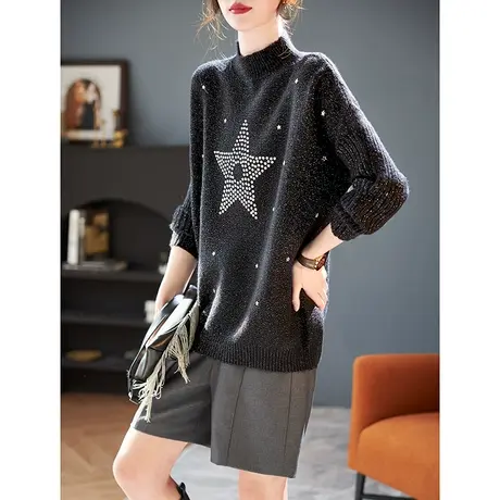 宝诗黎半高领烫钻亮丝毛衣女2024春季新款百搭宽松长袖针织上衣潮商品大图