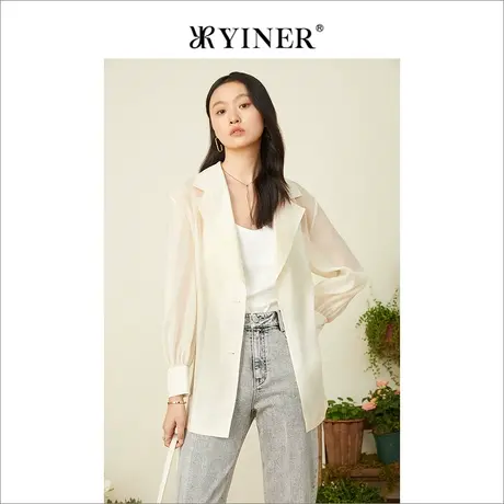 YINER音儿女装2022夏季雪纺系带收腰西装领短外套商品大图